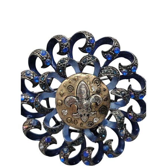 Fleur De Lis Swirl Brooch Royal Blue Gun Metal Gray Rhinestone Sparkle - Picture 15 of 15